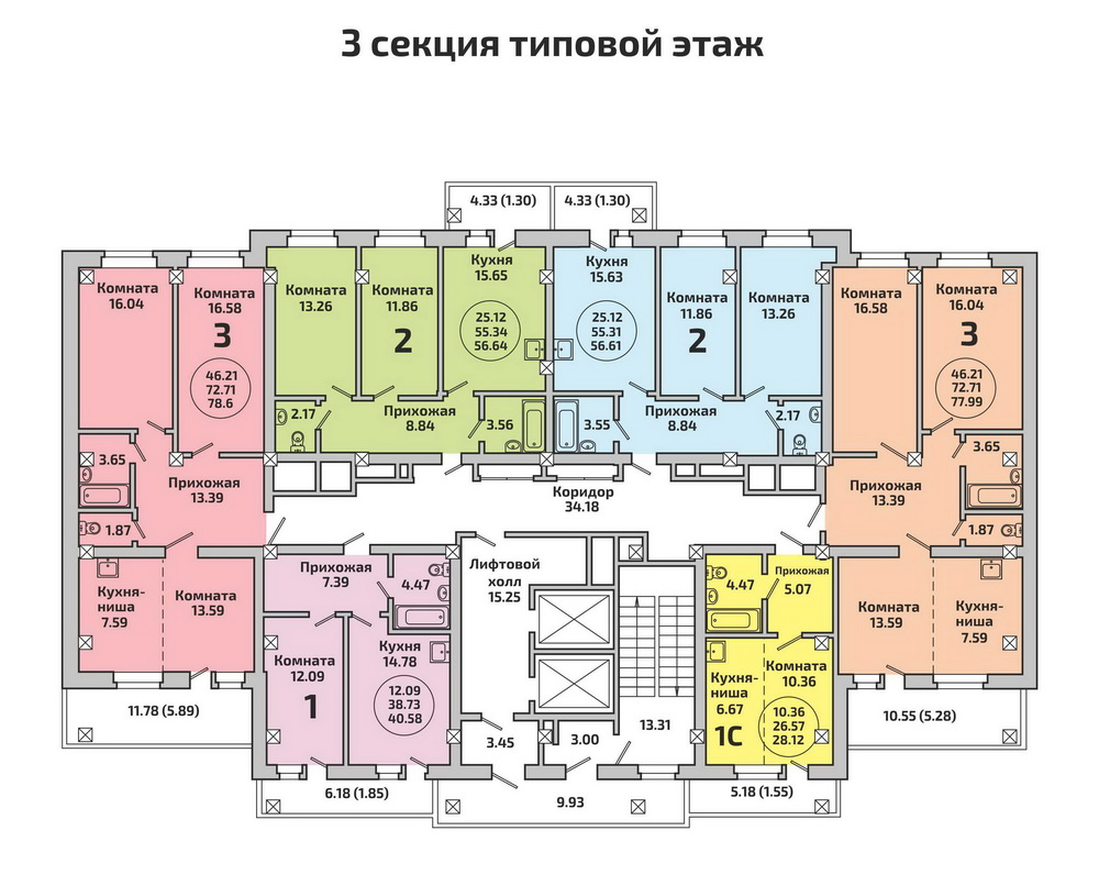 План этажа микрорайона Родники. Дом №451. 3 секция