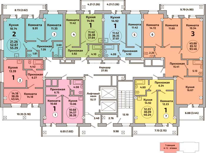 План этажа микрорайона Родники. Дом №453. 1 секция. 4-12 этажи