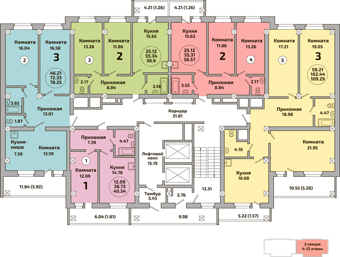 План этажа микрорайона Родники. Дом №453. 2 секция. 4-12 этажи